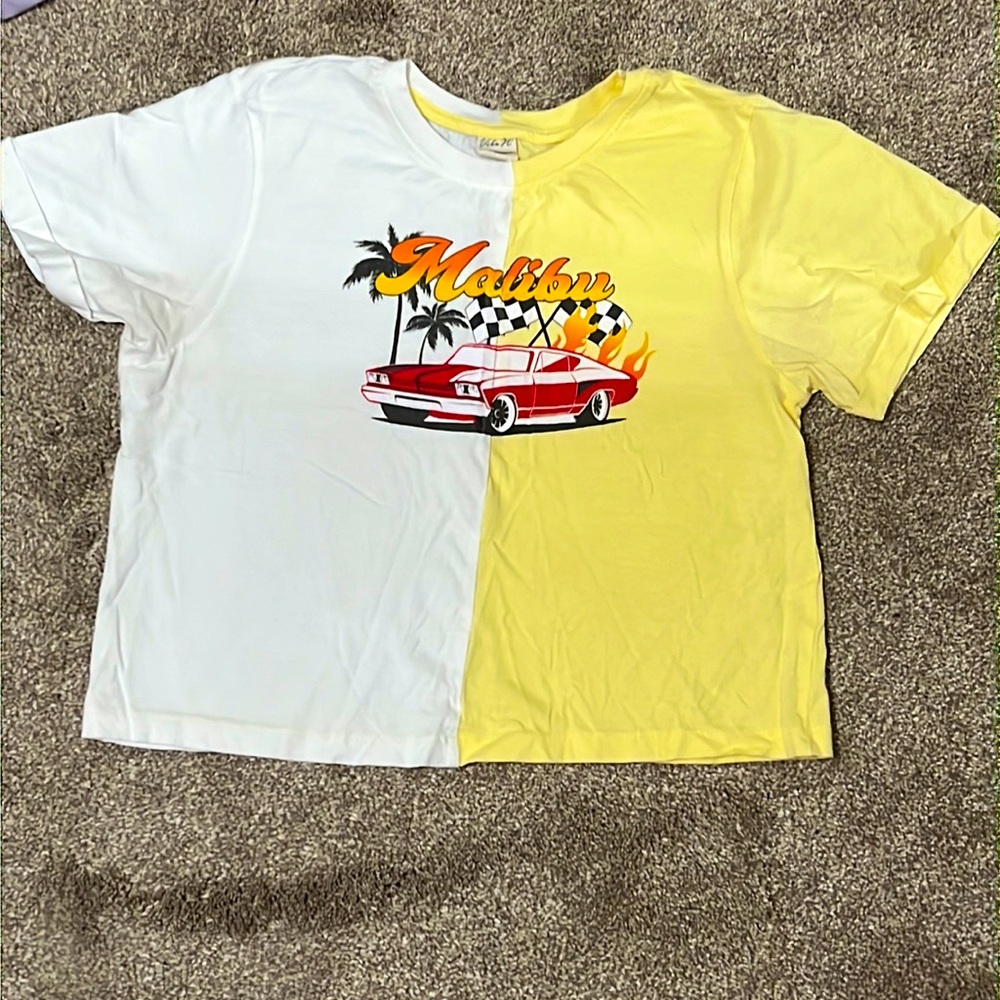 Yellow and White Cropped Split Shirt, Size: XS